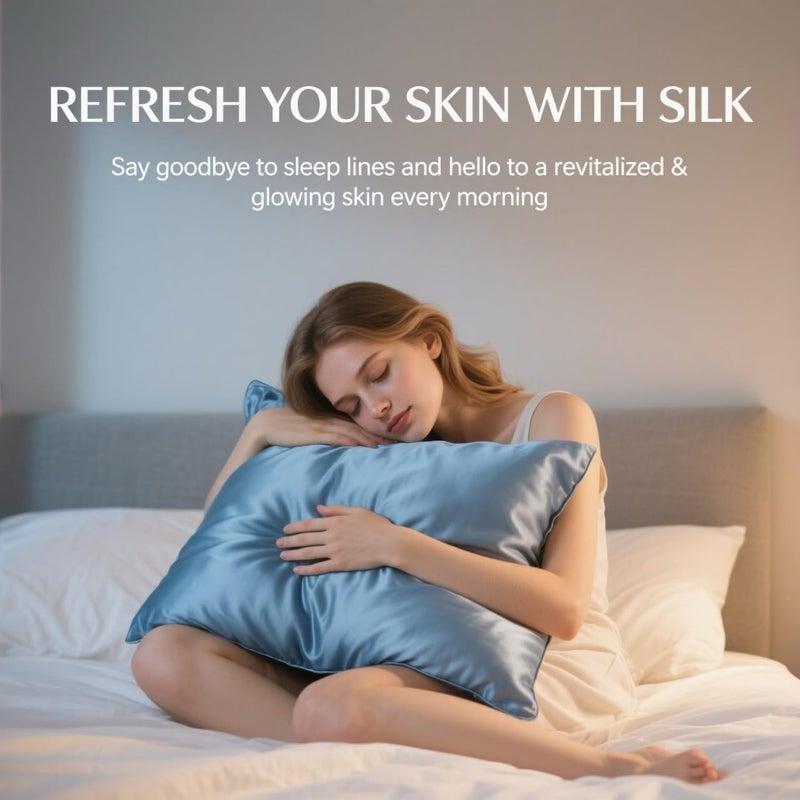 Ravmix Silk Pillow Cases with Zipper, 21momme Mulberry Silk Pillowcase for Hair Skin Health, Soft Smooth Breathable Cool Pillow Cover for Beauty Sleep with Gift Box 1PC(Standard 20"x26", Flint Blue) - Image 2
